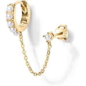 14K Gold Chain Earrings Womens Double Piercing Dangle Chain Huggie Hoop Earrings